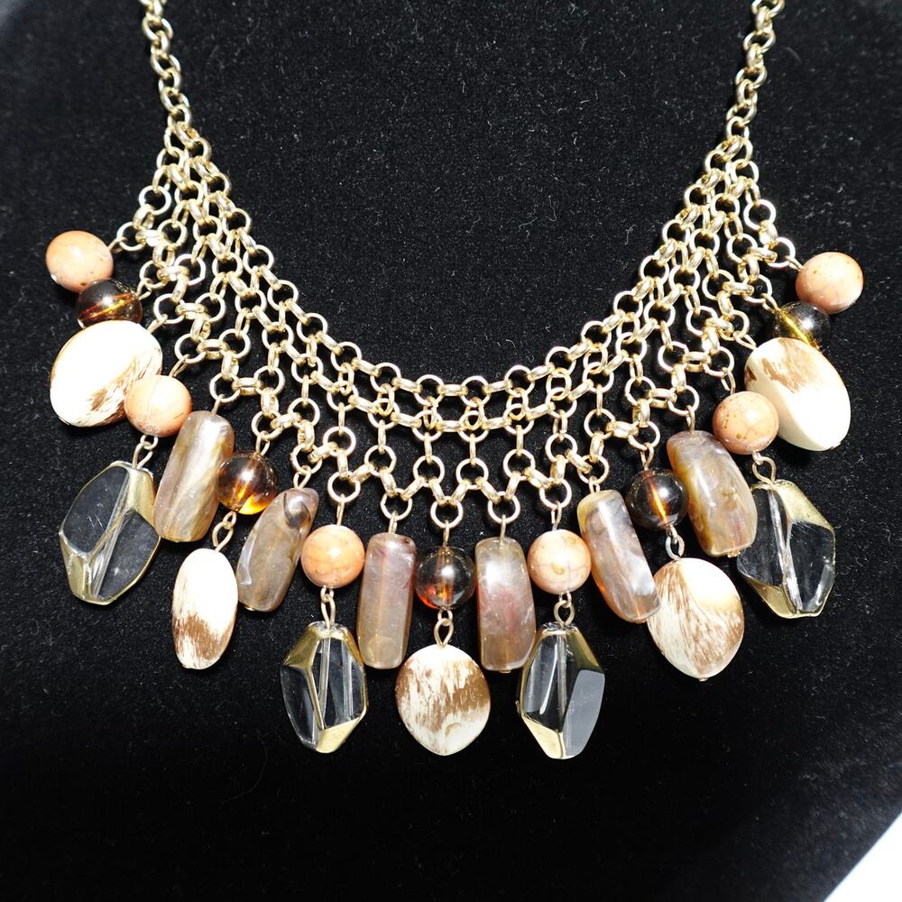 Charming Charlie Teardrop Beaded‎ Statement Bib Necklace Amber Cream Gold Chain